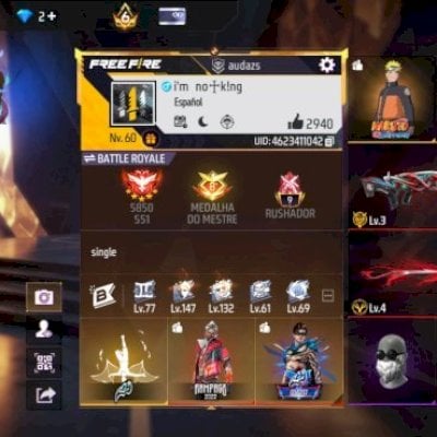 CONTA FREE FIRE COM BARBINHA//PUNHO//3 EVOLUTIVAS//NARUTO//SASUKE//PRIME 6