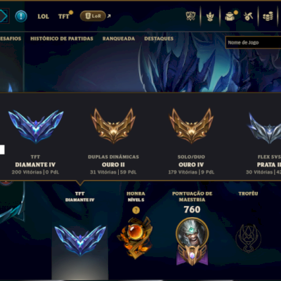 Ouro 4 com TODOS os Champs e 260 Skins +1 Prestigio + 1 Rara