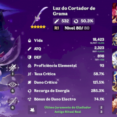 Conta Ar 56 Raiden+Arma, Tartaglia, Kazuha, Alhaitham, Hutao (Pity garantido)