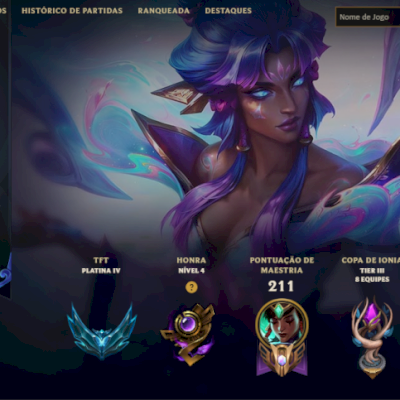Conta Prata IV, Campeões: 115, Skins: 71, Nível: 129, TFT Platina IV
