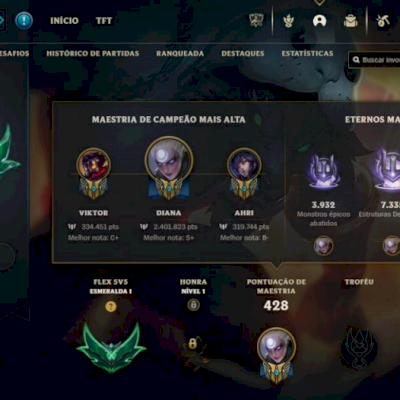 Conta lol 100+ campeões/399 skins/esmeralda