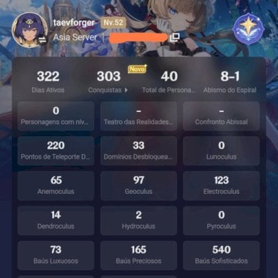 Conta AR 52 com Shogun Raiden, Tartaglia, Yae Miko, Ganyu e mais