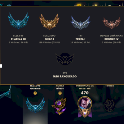 Ouro 1 com TODOS os Champs e 106 Skins +8 Prestigios