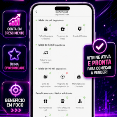 PERFIL TIKTOK SHOP + 11,6k de Seguidores 100% | VITRINE ATIVA | + Benefícios