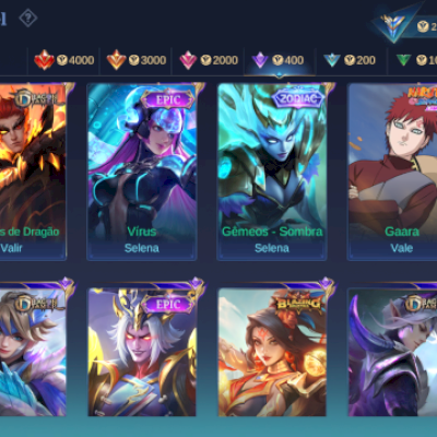 Conta com várias skins mobile Legends (Selena Zodiac, Virus, Floryn Sanrio, etc)