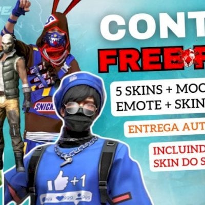 CONTAS FREE FIRE COM 5 SKINS (INCLUINDO SNICKERS) + MOCHILA, EMOTE, SKIN DE GELO