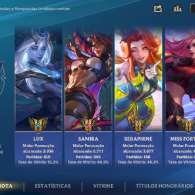Conta Wild Rift Nível 178, 3 skins croma mítico, 9 lendária, 26 épicas
