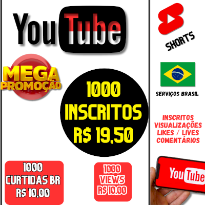 Youtube Inscritos Baratos 1K 199,50, Views 10,00, Menor Preço do Brasil