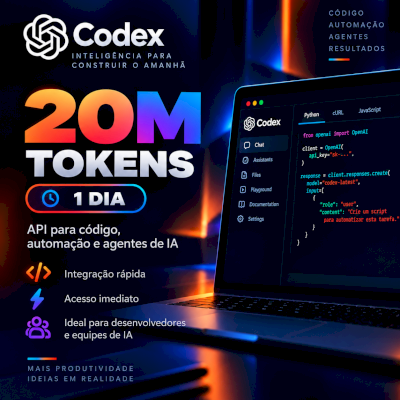 Codex API 20M Tokens | 1 Dia | API Key Programação IA