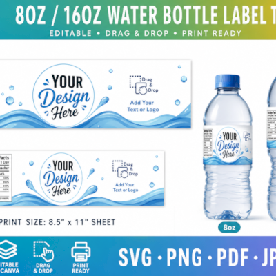 8oz,16oz Water Bottle Label Template - CANVA