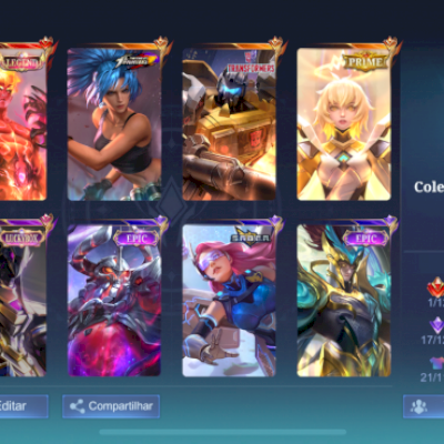 Conta com 220 Skins, 118 personagens liberados, emblemas full.