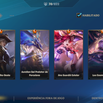 Conta Wild Rift esmeralda 1 com 6 Skins lendárias e 70 Skins ao total