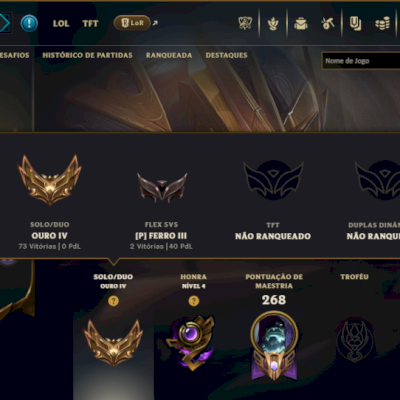 Ouro 4 com 110 Champs e 66 Skins +1 Prestigio +6 Vitoriosas