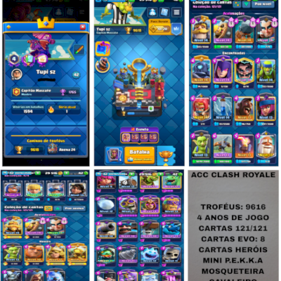 ACC CLASH ROYALE TROFÉUS: 9618.  4 ANOS DE JOGO CARTAS 121/121 CARTAS