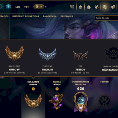 Ouro 4 com TODOS os Champs e 155 Skins ( TOP / JG / SUP ) ( Nivel 501 )