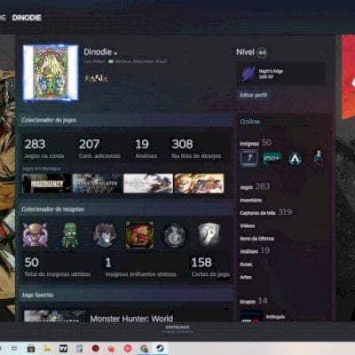 Steam  (8anos), 283 jogos, nível 44xp.