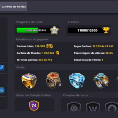 Conta 8 Ball Pool Nível 418 + Coleção Completa de Anéis Limitados e Raros!