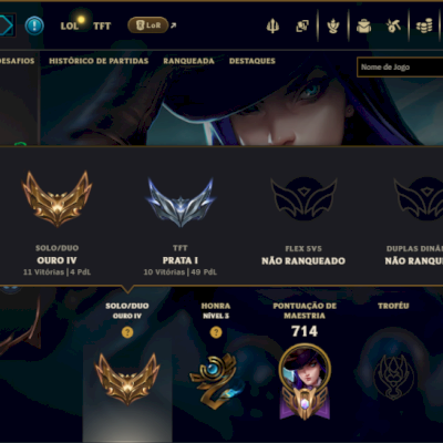Ouro 4 com TODOS os Champs e 312 Skins ( ADC / MID / JG )