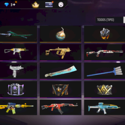 Conta ff com prime 3 skin estilo tech, skin aguia branca e entre outros