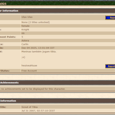 Conta Tibia Knight Level 66 (Astera) – Set completo + Rods/Wands + 67k gp