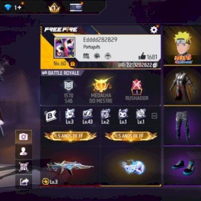 CONTA DE FREE FIRE TOP COM 3 ANJO F/ARMA EVOLUTIVA/PUNHO/PASSE MANOMAX/NARUTO E+