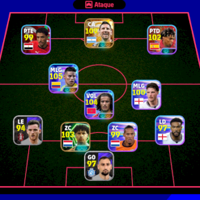 Conta efootball com Messi 111 e James Rodriguez 106