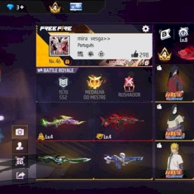 CONTA DE FF GEMADA PRIME 4/2 EVOLUTIVAS/6 PASSES/PARCERIA NARUTO/CAMISAS DE TIME