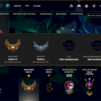 Conta Gold IV, 134 campeões, 298 skins, nível 442.