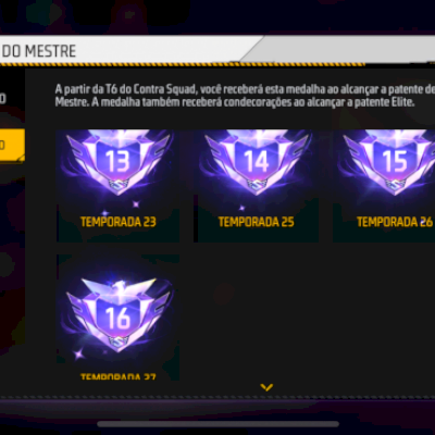 Conta de Free fire, vários mestres e desafiantes, passes e skins de eventos