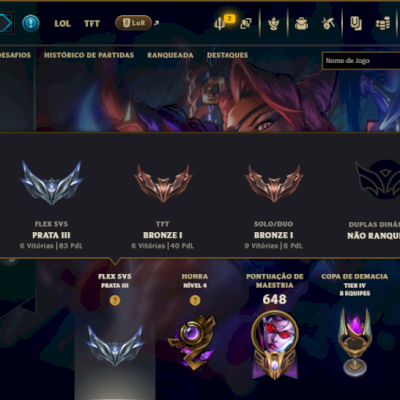 Bronze 1 com TODOS os Champs e 158 Skins ( ADC / MID / JG )