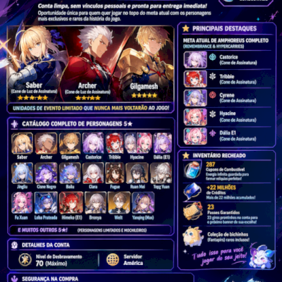 CONTA ENDGAME PREMIUM + COLAÇÃO FATE COMPLETA (SABER + ARCHER + GILGAMESH)