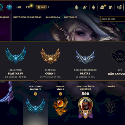 Platina 4 com TODOS os Champs e 132 Skins +2 Prestigios ( MID / JG / ADC )