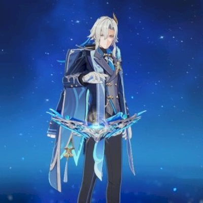 Neuvillette com skin e arma assinatura, Varka com Skin, Andarilho e Kazuha.