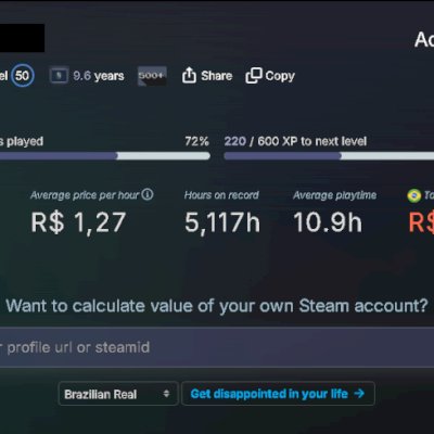 Conta Steam - Nível 50 / 9 Anos / +500 Jogos