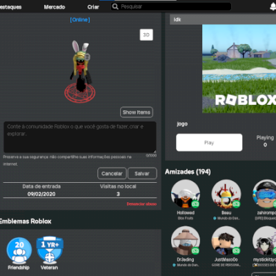 conta do roblox de 2020, com progresso em vários jogos, passes e acessórios
