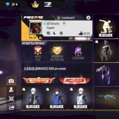 Conta prime 5, level 69, BLUE Lock, nagi as 2 skin e tem o isagi 457 peita