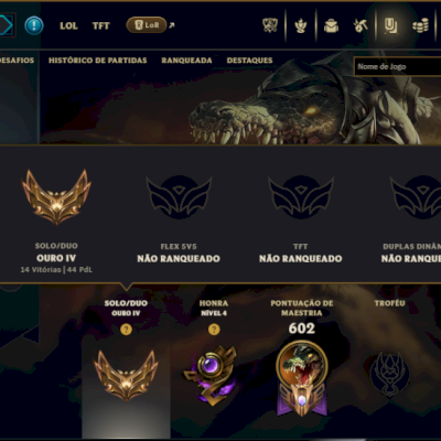 Ouro 4 com TODOS os Champs e 131 Skins ( JG / MID / TOP ) ( Nivel 405 )
