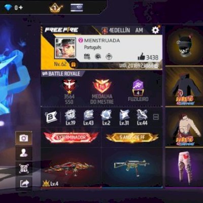 CONTA DE FF TOP COM 6 CONJUNTOS DA PARCERIA NARUTO/ARMA EVOLUTIVA/UMP ATT/E MAIS