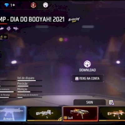 Conta de ff com calça angelical, barbinha, sombra roxa, ump evolutiva etc