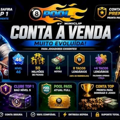 🎱 Conta 8 Ball Pool Lv46 | 50M de Fichas | 8 Tacos Lendários | Pool Pass Full