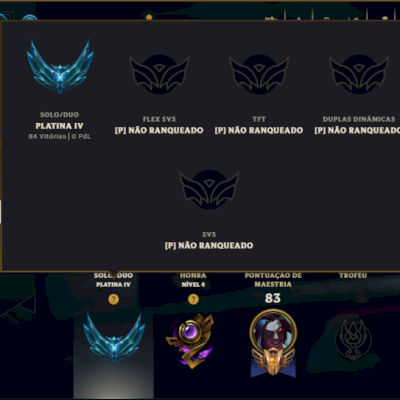 Platina 4 com 75 Champs e 46 Skins ( SUP / ADC / MID )