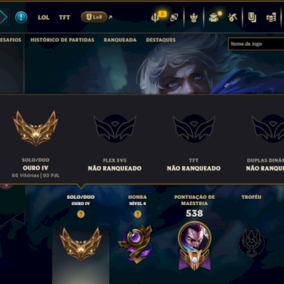 Ouro 4 com TODOS os Champs e 94 Skins ( MID / JG / TOP )