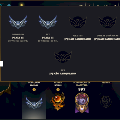 Prata 3 com TODOS os Champs e 349 Skins ( Nivel 884 )