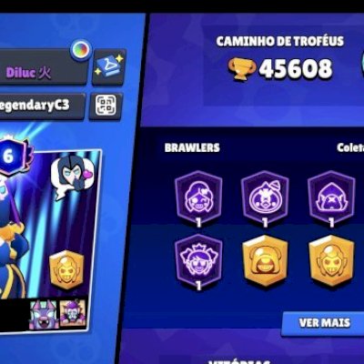 Brawl Stars,conta com 45k de troféus,328 skins,104 brawlers,de 2019,itens raros