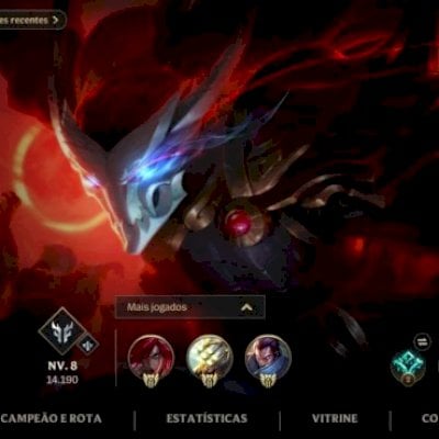 Nível: 108, Campeões: 124(todos), Skins: 38, M7 em Master Yi, Katarina e Yasuo.
