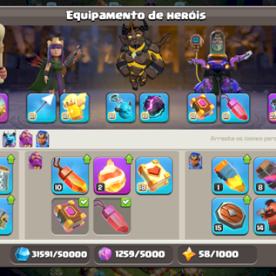 Vila top com heróis upados e equipamentos Full com algumas skins e paisagens