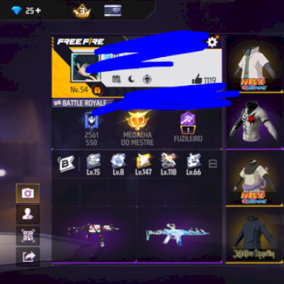 Conta de Free Fire com skins de parcerias Naruto+ JUJUTSU KAISEN