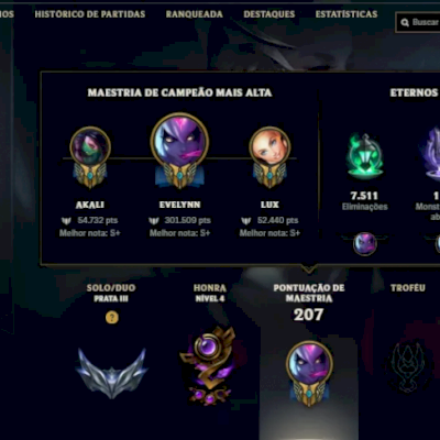 Conta level 219, 49 skins, main evelynn 301k de maestria.