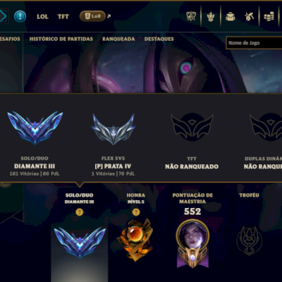 Diamante 3 com TODOS os Champs e 86 Skins  (ADC / MID / SUP)
