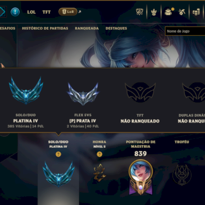 Platina 4 com TODOS os Champs e 163 Skins ( ADC / SUP / JG )